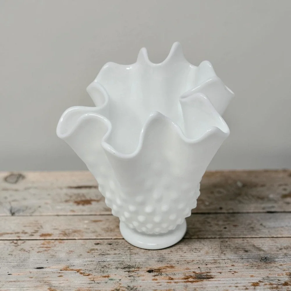 White Hobnail Milk Glass Vase Ruffled Crown Top Fenton Style Footed 7.5